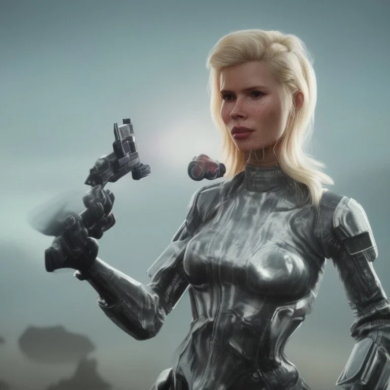 Ultra Realistic retro sci-fi movie war scene, waist up view portrait, blonde woman pointing a gun, sweet young Claudia Schiffer face, perfect iris, glow eyes, makeup, weapon. Drones background, Retro sci-fi style, helmet, tight latex coat, fog, rain, soft color, highly detailed, unreal engine 5, ray tracing, RTX, lumen lighting, ultra detail, volumetric lighting, 3d, finely drawn, high definition, high resolution.