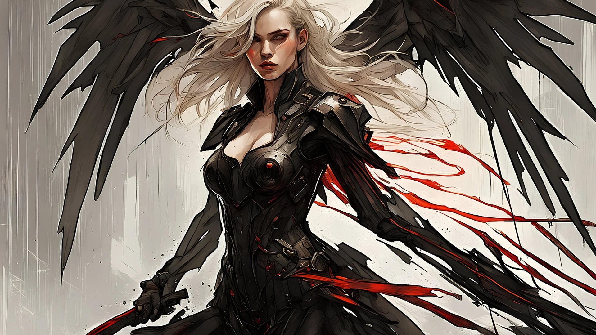 biomechanical women, beautiful, cyberpunk, dusty blonde, short square, large biomechanical black wings, sword, cybernetic, dynamic pose, rain, wind, ashes, flashes of fiery threads, sketch art, fine lines, grunge, sensual, darkness, dark colors, by Raymond Swanland & Alyssa Monks & Anna Razumovskaya