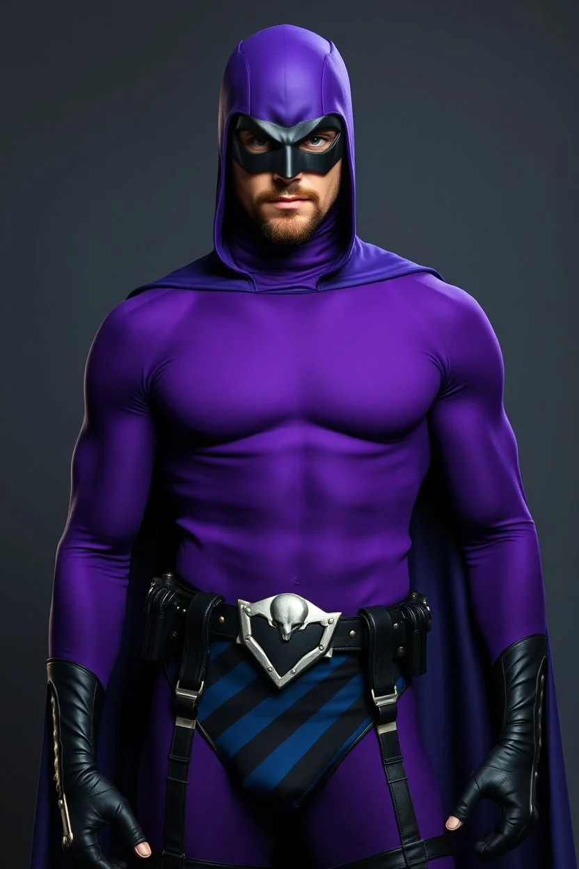 full-length, A portrait of a the Phantom, a man with piercing blue eyes, a chiseled jaw, goatee, timeless face, stern expression, Wearing a skintight formfitting purple cotton hero suit with a skintight cowl with a widows peak that fits tight to his head, but does not cover his face, he wears a thin, black leather, bandit eye disguise over his eyes, black and blue diagonally striped trunks, dual-holstered pistol belt adorned with a triangle skull-shaped buckle with leg straps, knee-high boots