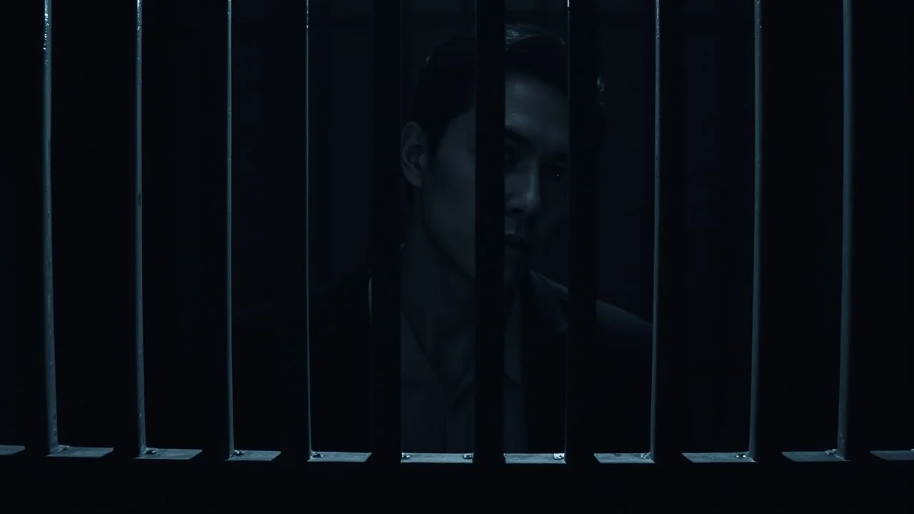 close up parallel prison bars in foreground, hidden human face partially visible through the window bars, dark prison cell behind him, vertical shadows in background, ultra realistic, dark atmosphere, high contrasts, cinematic