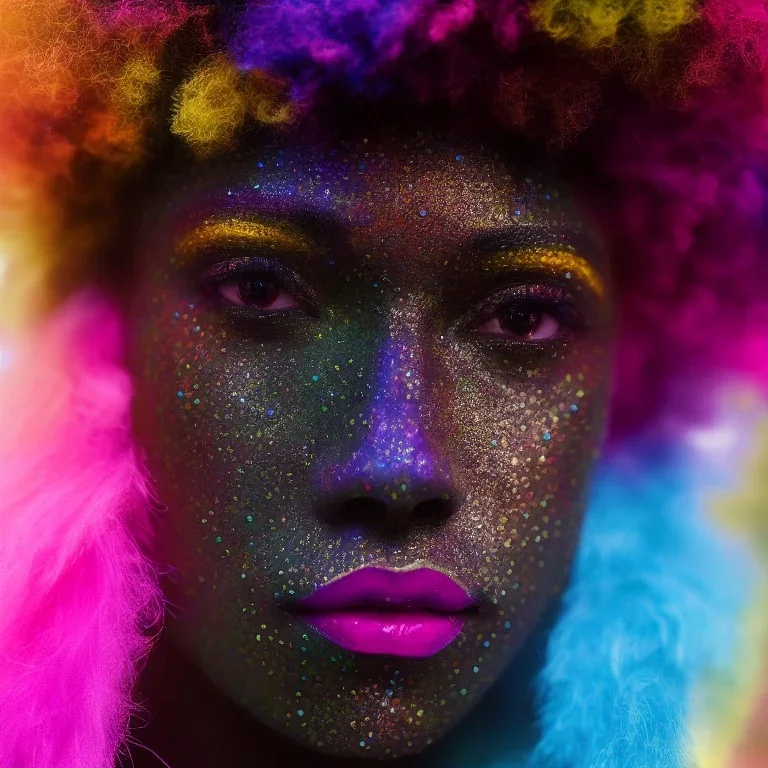 full body shot, masterpiece, best quality, man of median age, black skinned, sparkling eyes, fluorescent skin, colorful makeup, afro, highly detailed body, afrofuturism, scifi, sun light, 4K, RAW, depth of field, high contrast, realistic details, 24mm