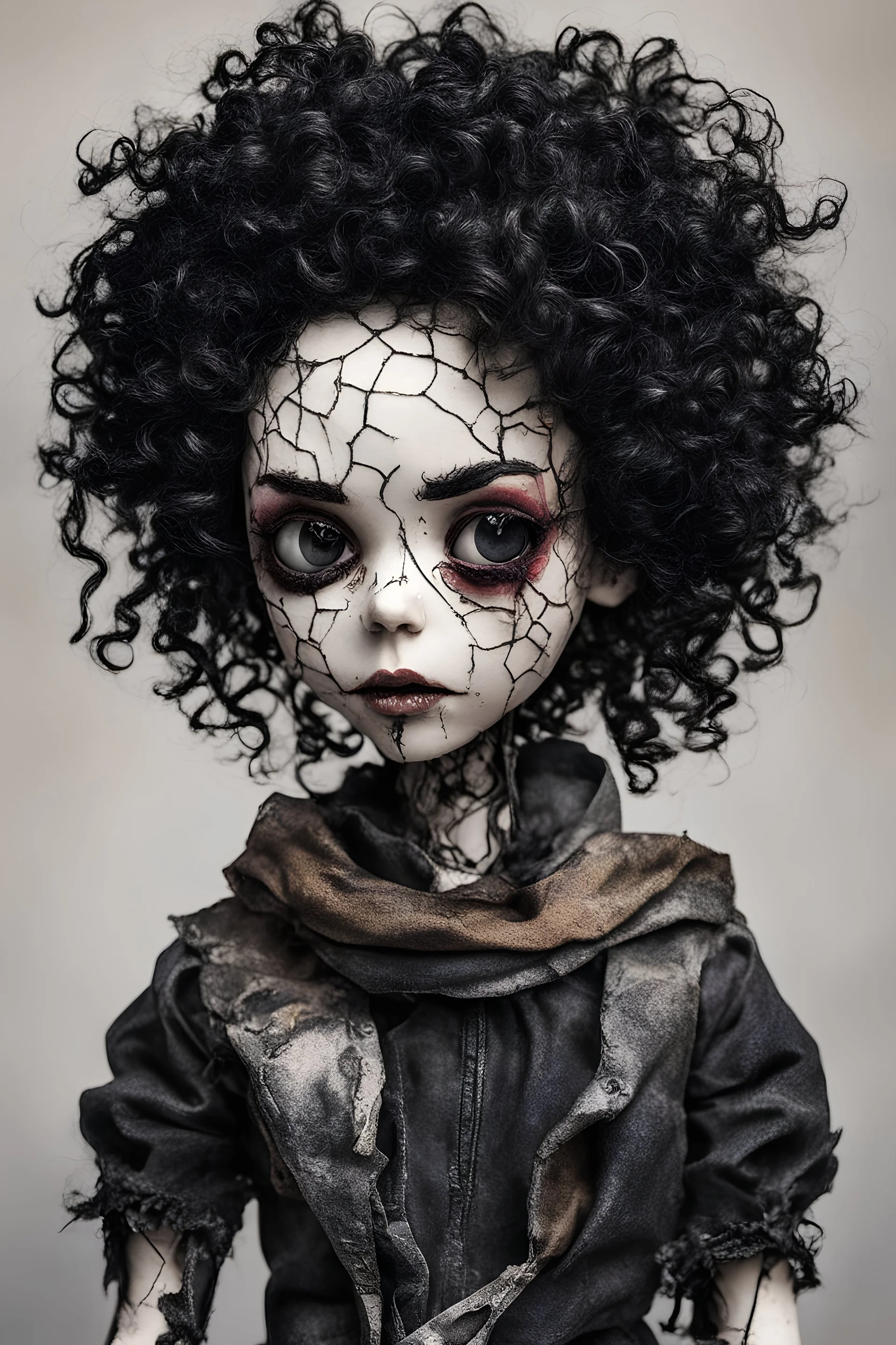 full color, closeup illustration of a dark, menacing, curly haired, black clad motorcycle girl, as a decayed, broken, crude homemade cloth doll toy, with a narrow cracked porcelain face, thick dark eyebrows, hair made from ragged strips of cloth, in the style of Alex Pardee, Tim Burton, and Nadya Sheremet