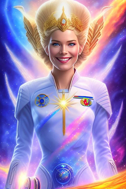 cosmic woman smile, admiral from the future, one fine whole face, crystalline skin, expressive blue eyes,rainbow, smiling lips, very nice smile, costume pleiadian, Beautiful tall woman pleiadian Galactic commander, ship, perfect datailed golden galactic suit, high rank, long blond hair, hand whit five perfect detailed finger, amazing big blue eyes, smilling mouth, high drfinition lips, cosmic happiness, bright colors, blue, pink, gold, jewels, realist, high commander