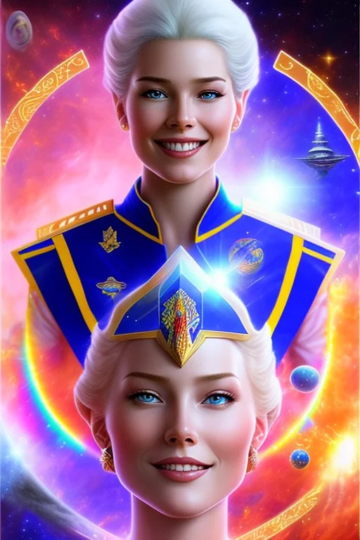 young cosmic woman admiral from the future, one fine whole face, large cosmic forehead, crystalline skin, expressive blue eyes, blue hair, smiling lips, very nice smile, costume pleiadian,rainbow ufo Beautiful tall woman pleiadian Galactic commander, ship, perfect datailed golden galactic suit, high rank, long blond hair, hand whit five perfect detailed finger, amazing big blue eyes, smilling mouth, high drfinition lips, cosmic happiness, bright colors, blue, pink, gold, jewels, realistic, real