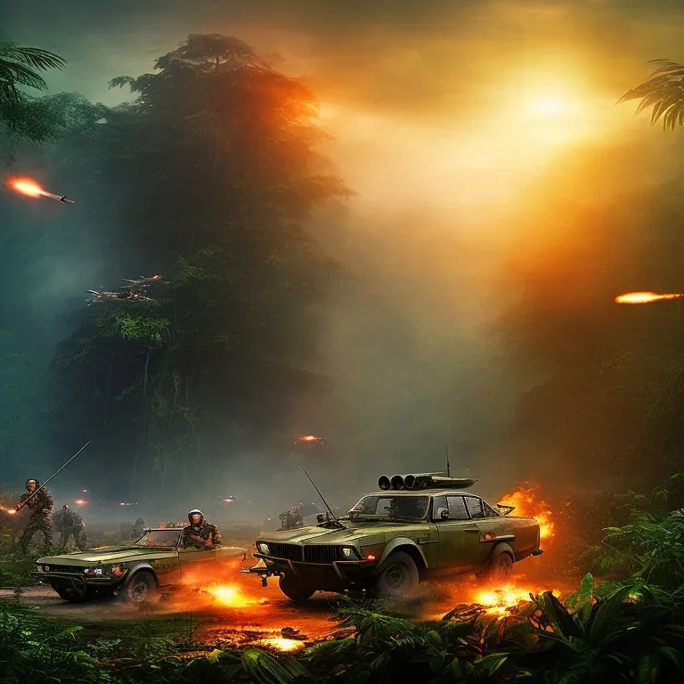 vietnam war. jungle. cd cover. bokeh. lens flare. warm lights. high detailed