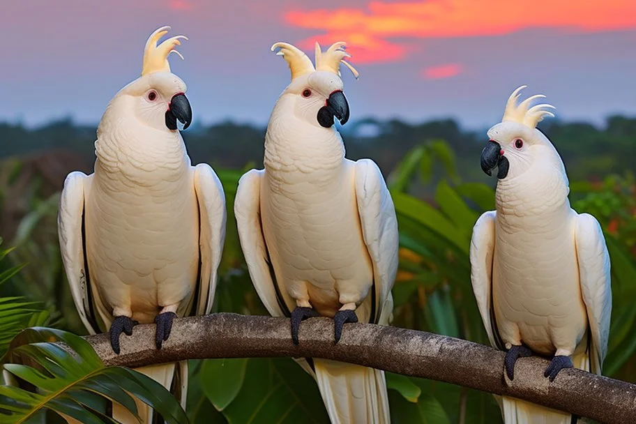 cockatoos, tropical paradise island, sunset