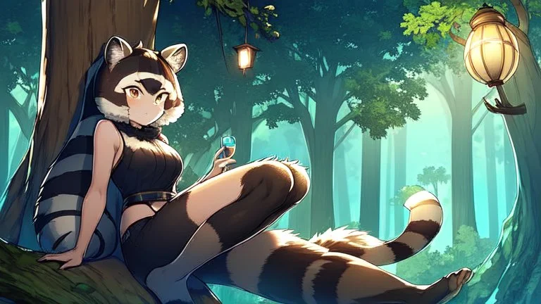 Girl, raccoon tail, raccoon ears, sit on tree, night time, forest