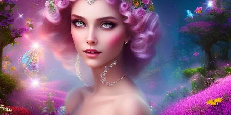 bright fairy, beautiful portrait, flowery landscape