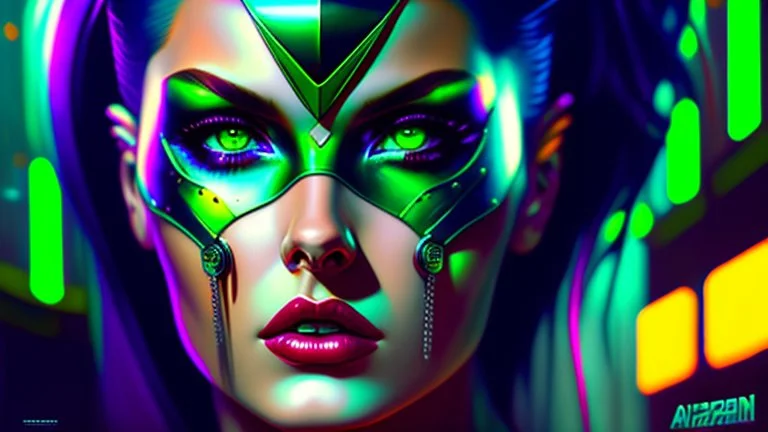 portrait oil on canvas, beautiful punk busty female Cyborg, looking to viewer, sad green eyes, post-apocalyptic in a cyberpunk city,minimal skintight suit, blade runner, comic book cover, mystical colors, neon, insanely detailed,realistic,intrincate detail, 16k resolution, masterpiece, Adam hughes