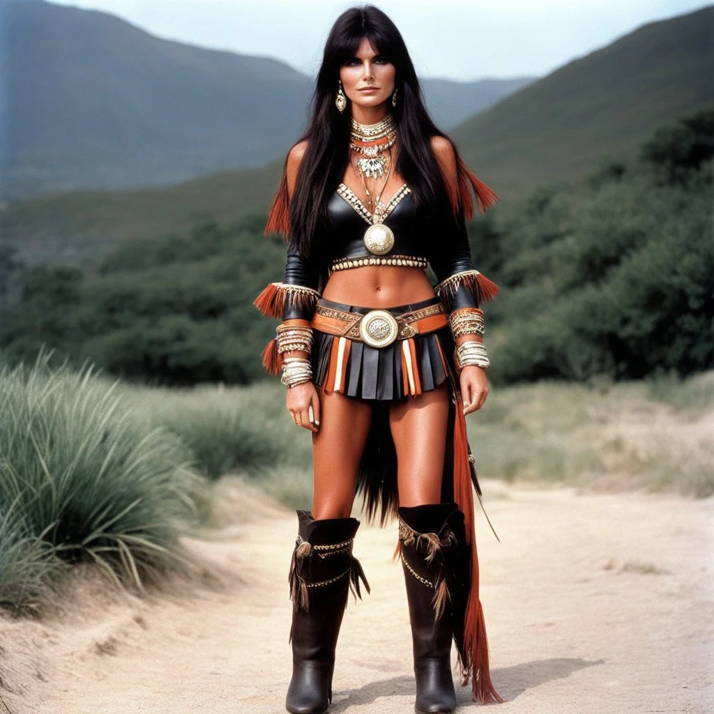 youthful Caroline Munro in a native outfit, she wears leather boots