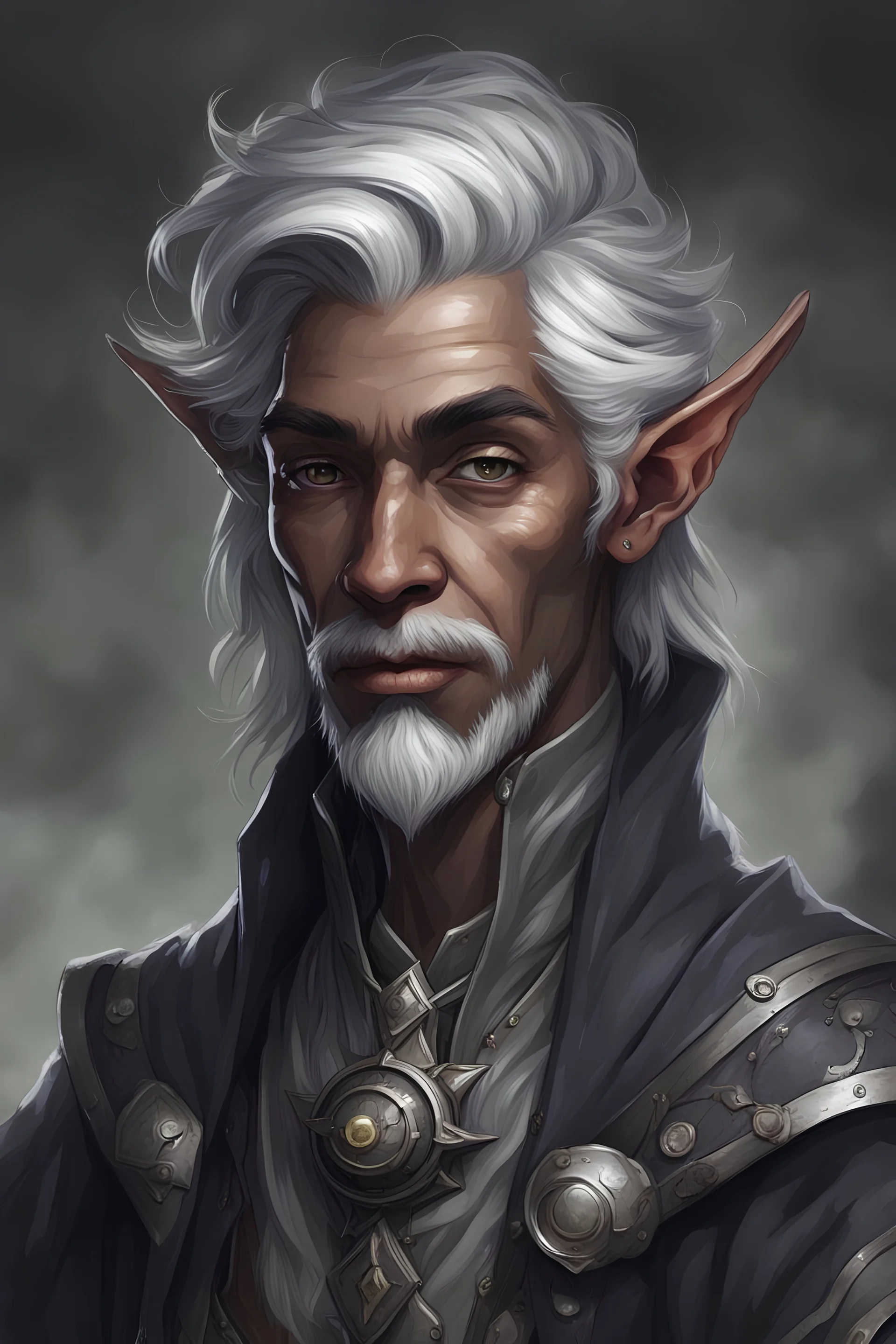 portrait of a dark grey skinned elven alchemist inventor with Black grey Hair