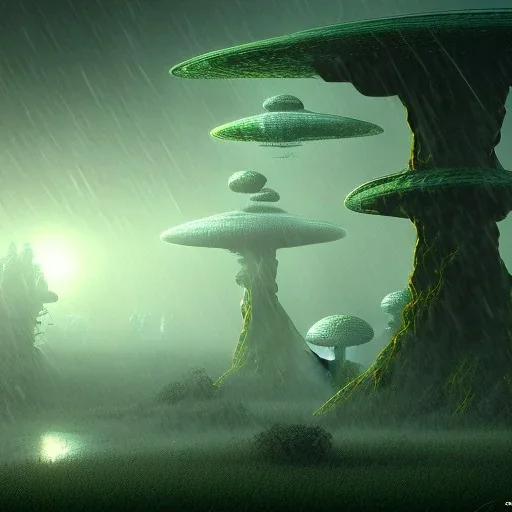 alien world with heavy rain, aesthetic