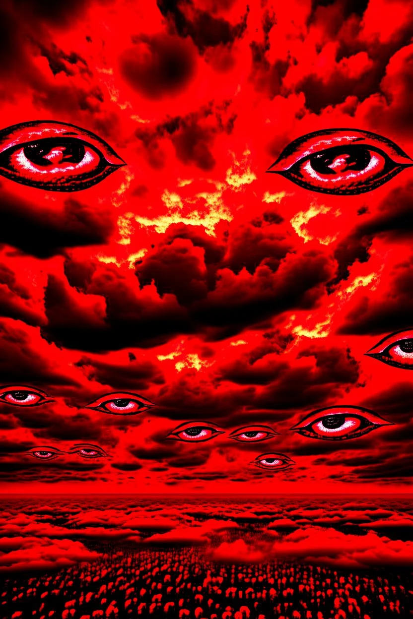 Open wide Eyes every where , red clouds in the sky with huge amount of Eyes