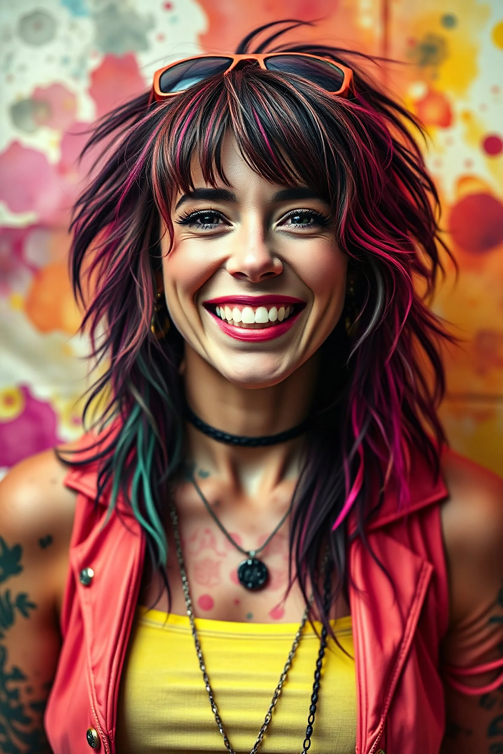 head and shoulders portrait, Miss Motley Crue - Smiling, a multicolored watercolor stained wall in the background, 4k, 8k, 32k UHD, Hyper realistic, extremely colorful, vibrant, photorealistic, realistic, sharp, highly detailed, professional quality, awesome, majestic, superb, trending on artstation, Cinematic, Real, Life like, Highly detailed, sharp, focused, fantastic