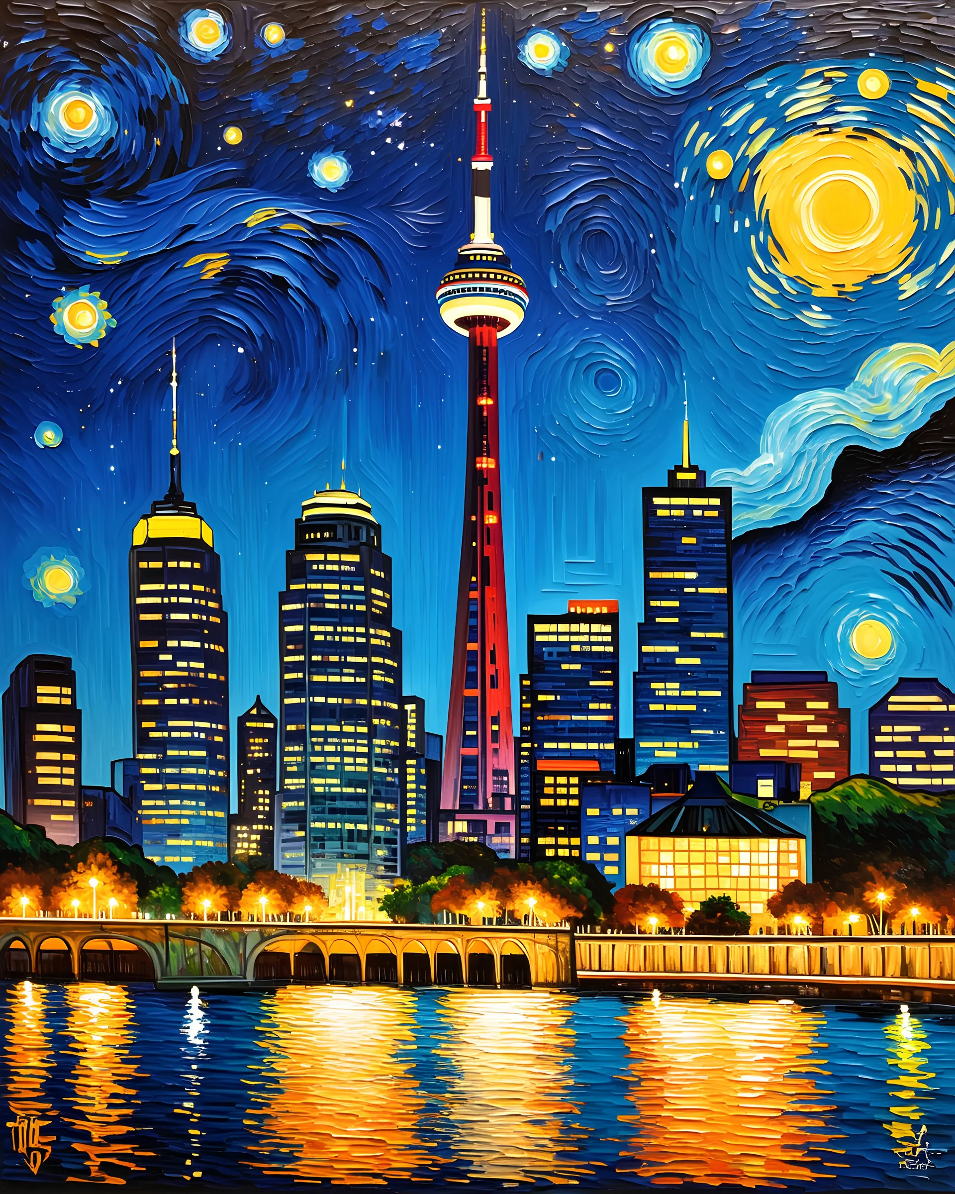 Starry Night, Toronto Skyline, CN Tower, low angle, cityscape, Van Gogh oil painting