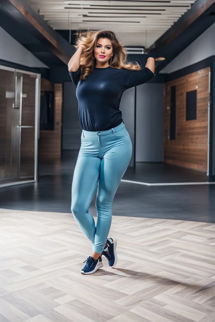 full body of very beautiful girl gean pants and blouse , curvy hair ,standing idle happy pose in studio pretty makeup,perfect face,sport shoes