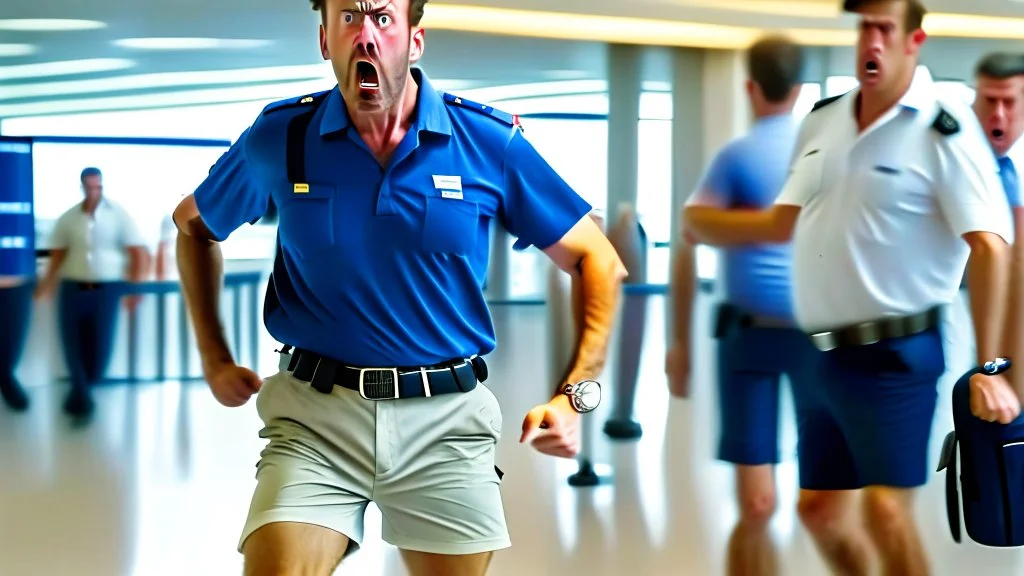 very focused image of upset man wearing shorts and polo shirt told to leave airport lounge by officer