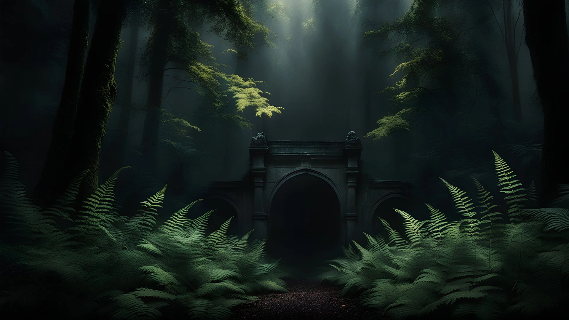 A beautifully rendered image featuring arched fern leaves nestled in a dense, dark forest. A bright light illuminates the scene, creating an ethereal atmosphere. Inspired by Michal Karcz's work, this photorealistic depiction captures the moody and dramatic essence of a moonlit night forest, with a background of deep, lush foliage.