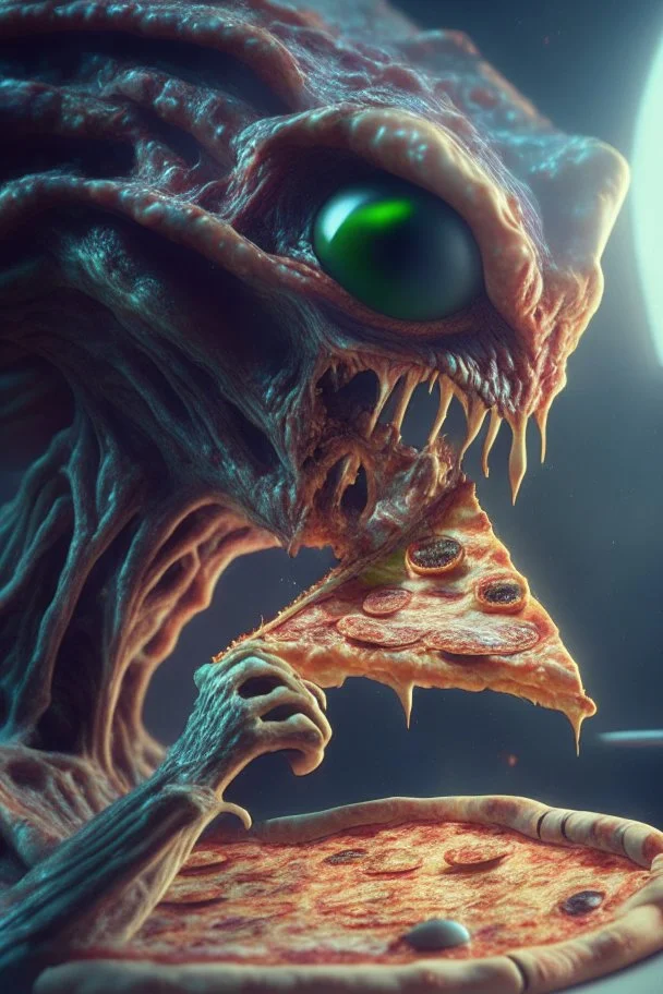 Alien eating pizza,highly detailed, artstation, sharp focus,4k