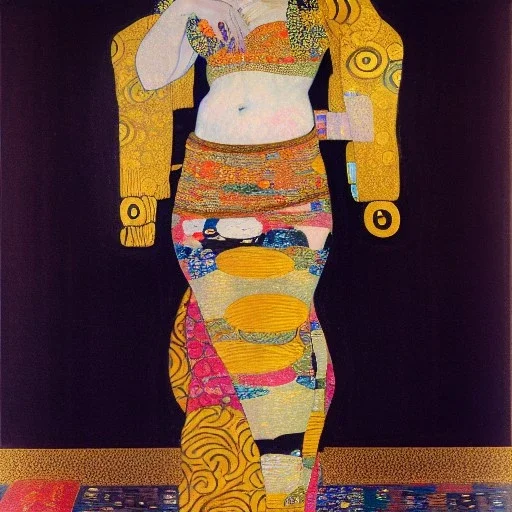 Retrato de cuerpo entero una Gheisha vestida con kimono muy guapa y voluptuosa con el estilo de Gustav Klimt