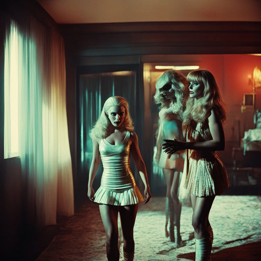 [vintage style noisy scratches glitches, Shot the texture and then rewound the film and double exposed from a colorful 1970s Italian movie] As the hot blonde cheerleader and the xenomorph mummy faced each other in the eerie hotel room, a palpable tension filled the air. The cheerleader, her youthful exuberance contrasting with the mummy's ancient horror, stood poised for a confrontation unlike any other. The xenomorph mummy, a fusion of unearthly terror and decaying majesty, regarded the cheerle