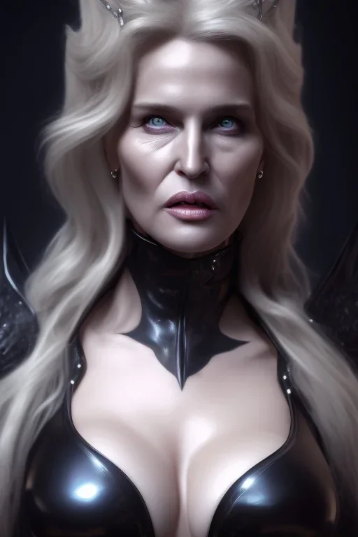 Daryl Hannah as evil queen in black leather, busty, cleavage, angry, stern look. character design by fenghua zhong. unreal engine 5, artistic lighting, highly detailed, photorealistic, fantasy