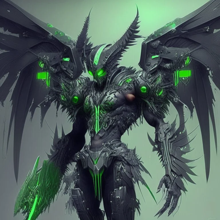 demonio de armadura negra y verde con alas de plumas , usando computadoras futuristas
