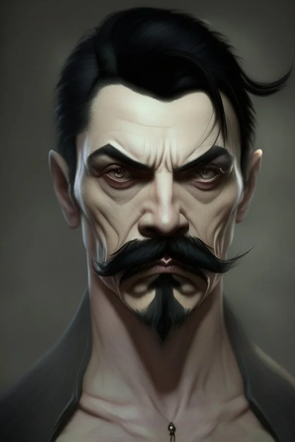 short wirey lean muscular trimmed goatee moustache sterm serious short black hair pale skin ghoul