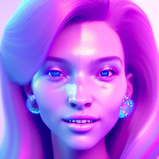 A portrait of a crystalised girl,smiling, longs hairs, atmospheric, realistic,, cinematic lighting, octane render,, pink turquoise light, diadème