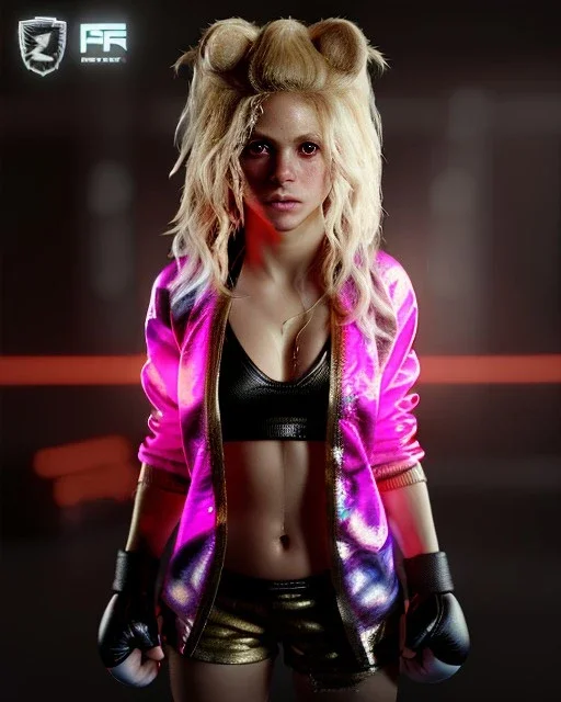 portrait, Shakira, blonde artist, angry, Realistic image, MMA robe, hoodie, mma gloves, loose long hair, eyes make up, gold line make up, moisture, sweat, fog, Neon colors, leds. Black background, photo studio, concept art, smooth, unreal engine 5, god lights, ray tracing, RTX, lumen lighting, ultra detail, volumetric lighting, 3d, finely drawn, high definition, 4k.