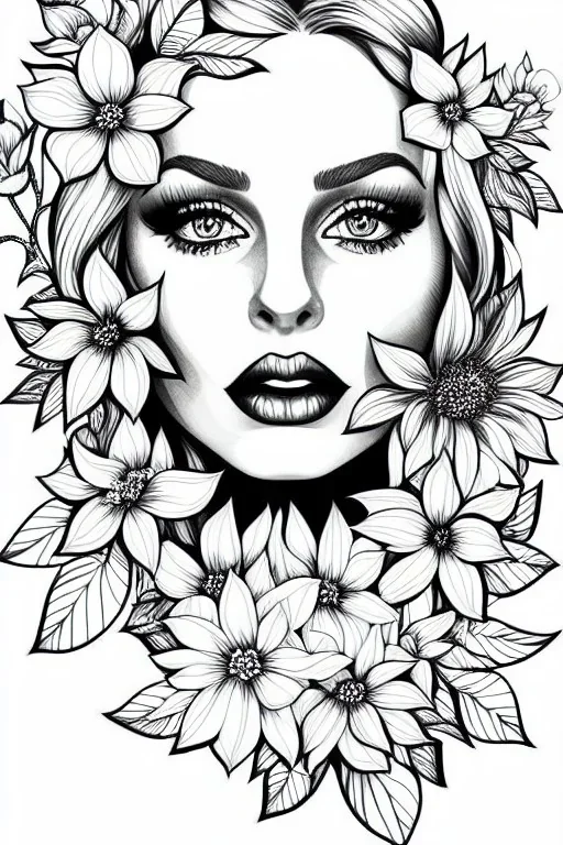 hyper detailed, black and white, thick line, coloring book illustration, lineart, stunningly beautiful woman in flowers