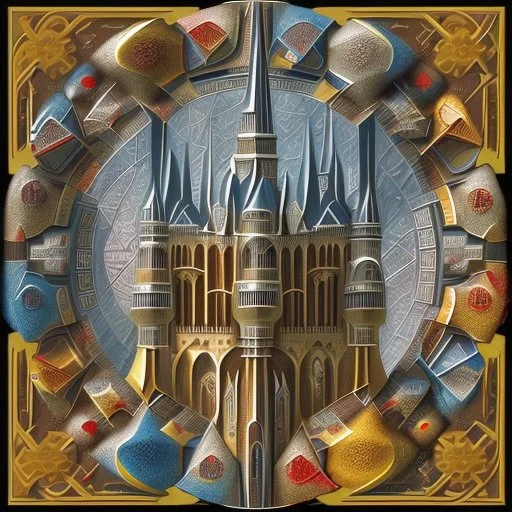 An abstract geometric painting depicting a landscape of an ancient medieval city with castles, towers, churches, vaults, culverts and bells in a very stylized and cubist way. The composition consists of various shapes, forms and geometric elements arranged to create the impression of buildings, structures and architectural elements in an urban landscape. The shapes and forms used in the painting are a combination of straight lines, angles, curves and circles, creating a sense of rhythm and mo