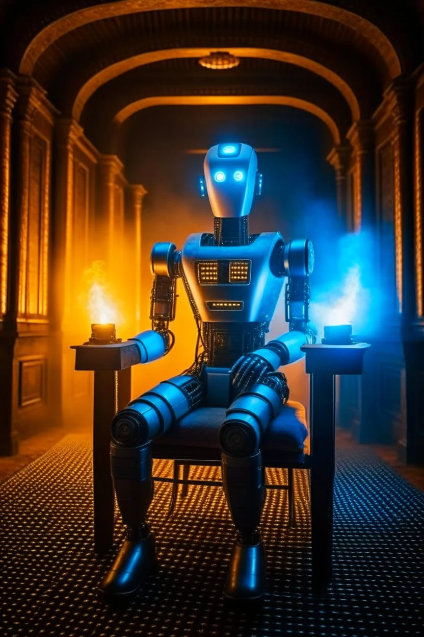 portrait of tron robot holding lotsa phones chatbot smoking a sigar on a throne in a ancient castle ruin, smoke, 4k, downlight, soft light, depth of field, photorealism