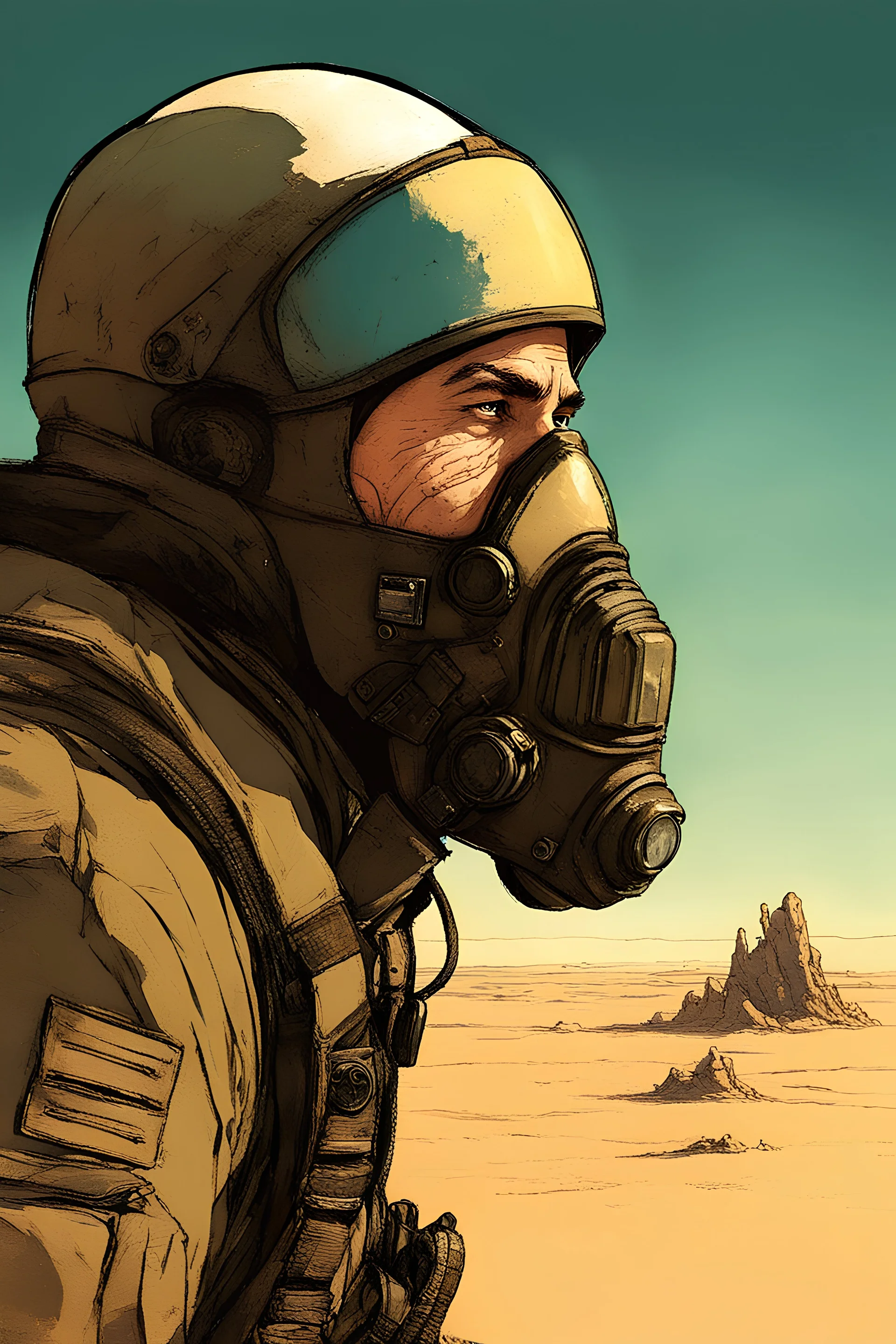 A bald rugged soldier with a short thick black beard wearing a bomber jacket, wearing a rebreather mask over his mouth, looking out upon a desert planet while the sun sets behind him art style Alex Maleev