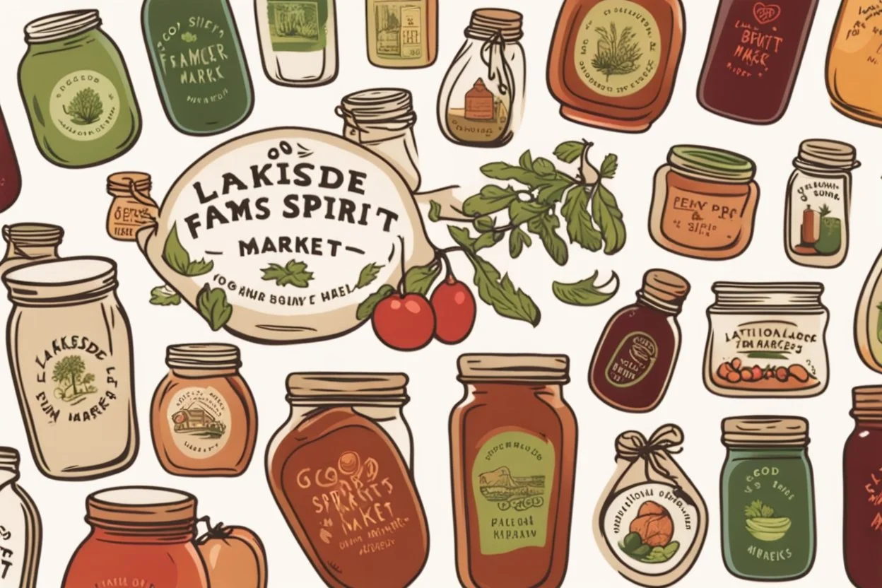 Stickers for a lakeside farmers' market "Good Spirit Market" in a national parks sticker style, featuring illustrations of home preserves.