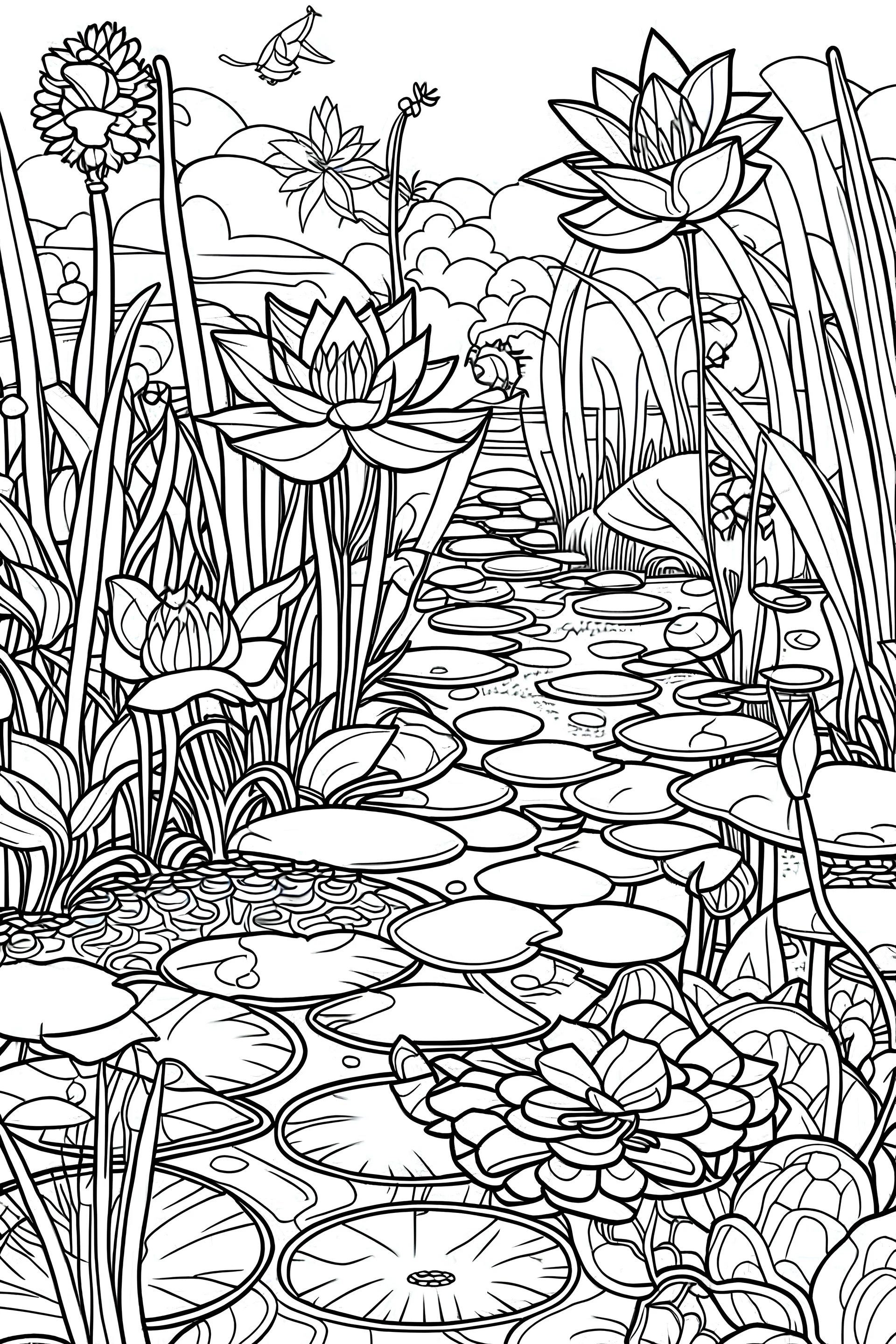 coloring page for kids, Soothing lotus pond with dragonflies and koi fish, cartoon style, thick outline, low details, no shading, no color