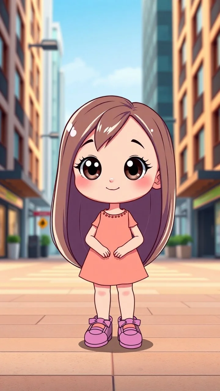 A beautiful, adorable cartoon little girl. Long shiny hair, large sparkling eyes (like anime or Disney characters), a small face and delicate nose. A happy, innocent expression with a small smile standing in modern city open stage with prettyy shoes. Clean design, vibrant and warm colors, modern studio animation style, 4K quality.
