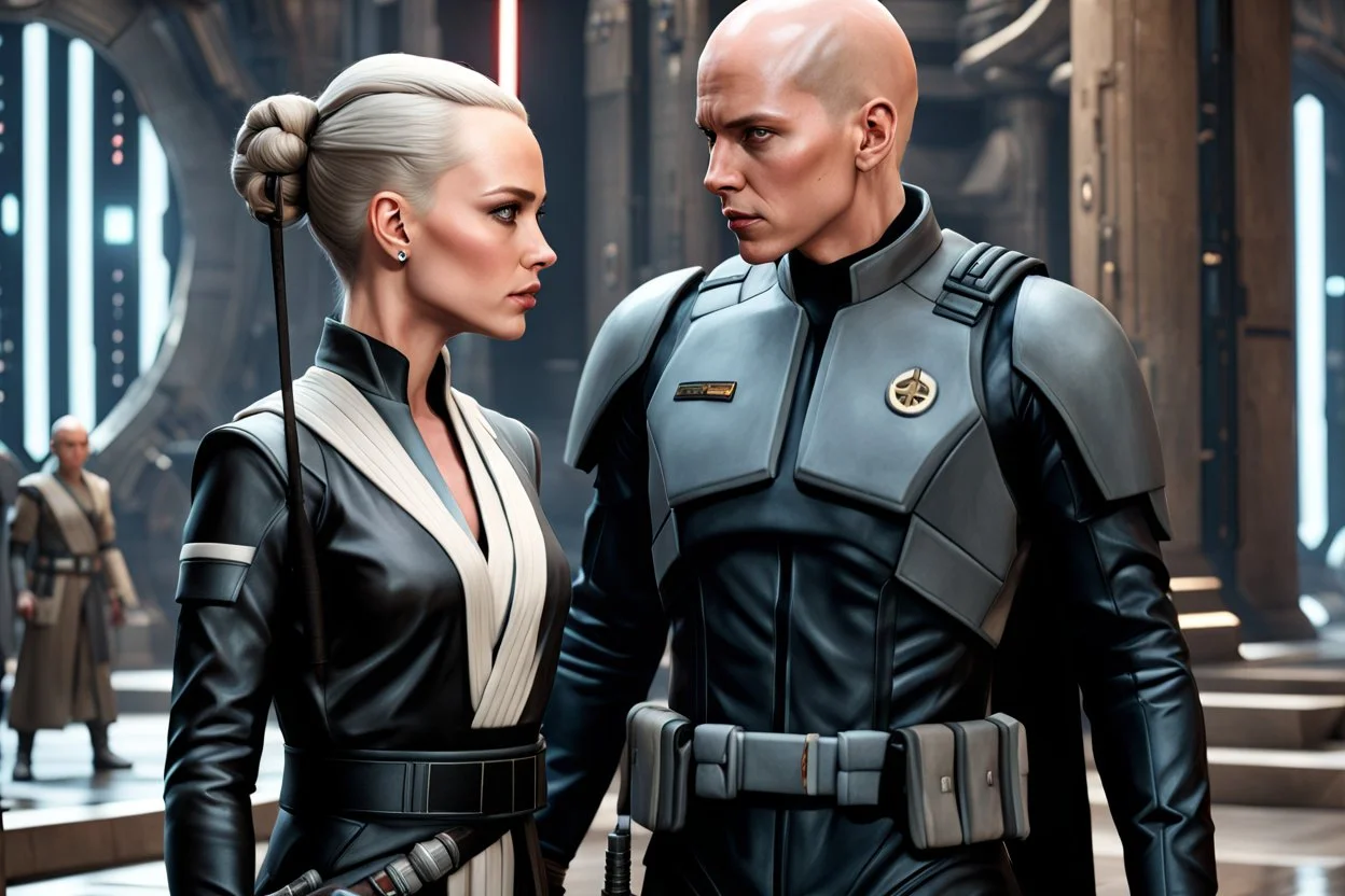 a bold and heroic bald Corellian pilot in black and grey First Order special forces gear meets a female Jedi Master in ancient, mystical temple, hyperdetailed, dynamic lighting, hyperdetailed background, 8k resolution, volumetric lighting, light skin, fully symmetric details