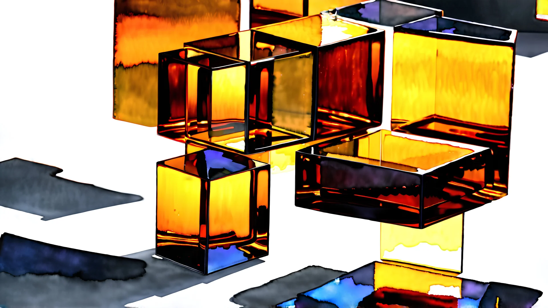 Grayscale abstract sculpture park, art style watercolor painting, metal smooth abstract shapes in distance, glass cubes with vivid dark amber glass in foreground, soft golden hour lighting