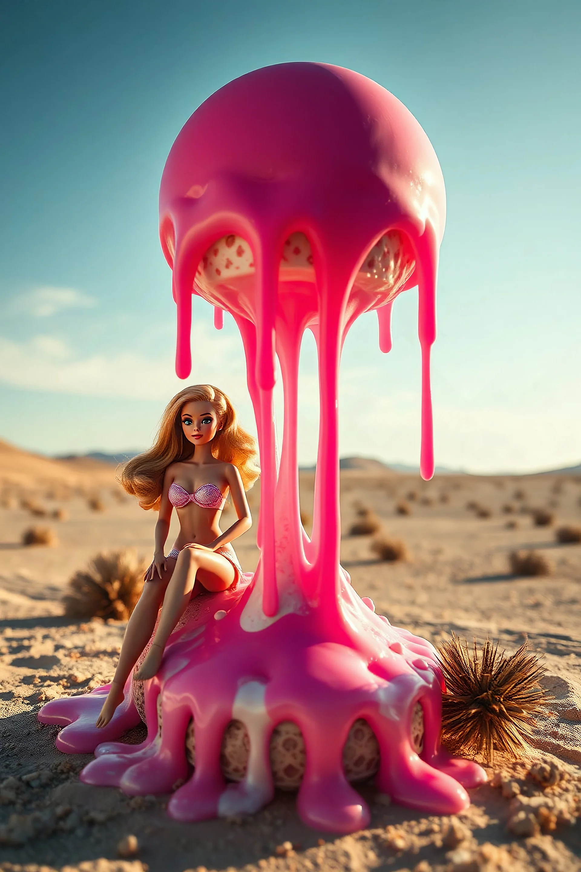 Time melting like bubble gum ice cream, barbie dolls dripping, surreal desert landscape