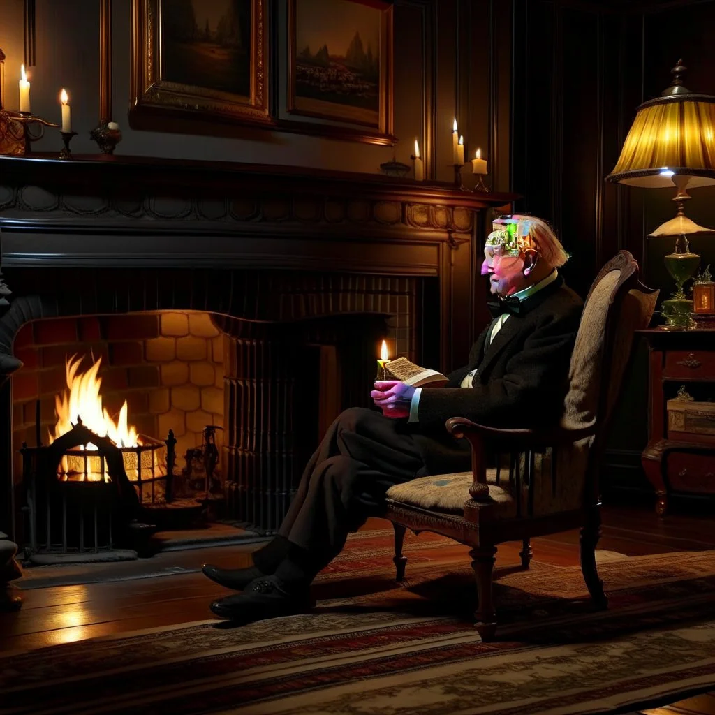 A pleasant and charming scene of a 70-year-old man in the Victorian period sitting on a wing chair next to the fireplace and reading The Times of London while enjoying a glass of wine on a winter evening. The man has a balding forehead and curly white hair. He wears black shoes and sits by the hearth on which candles are lit in candlesticks. On the wall hang paintings of an English countryside landscape. A boxer dog is napping on a carpet on the floor next to the woman. . The room is lit by th