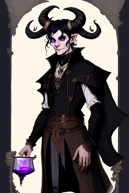 Young tiefling nobleman alchemist with black hair horns and large reptilian tail gothic jewelry and potion bottles in the style of Charles Addams