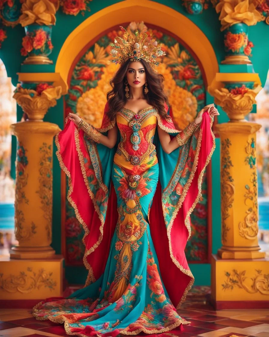 Gorgeous photography full body Beautiful super model Mexican dressing Lady Angel colorful art conceptual, amazing artwork, hyper detailed, ultra maximalist quality, 12k , close-up portrait,crystal ornaments vbackground