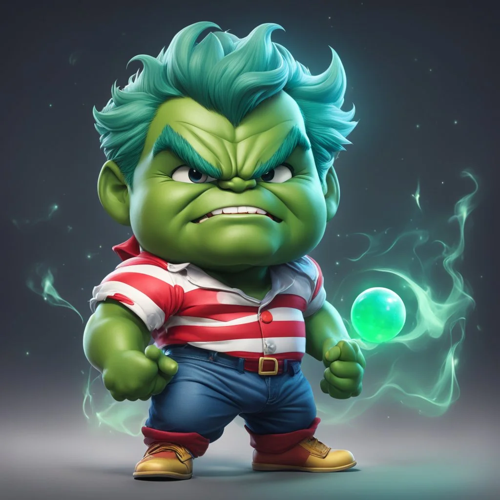 chibi cute caricature of Hulk as a 1980's clown, surrounded by will-o'-the-wisp, elegant, close wiew, dynamic pose, photorealistic rendering --ar 2:3 --stylize 500 --v 6