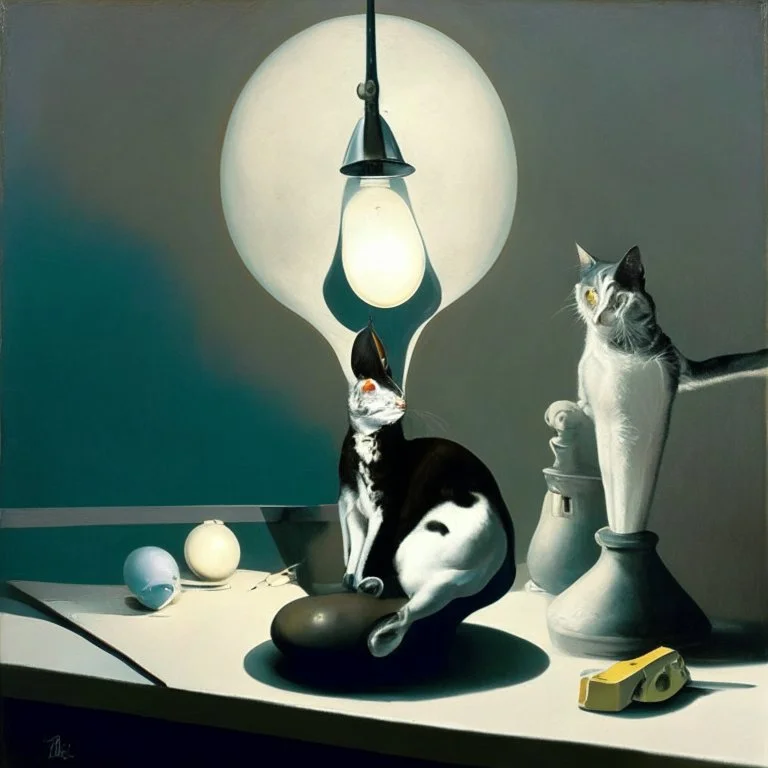 human flesh-like surgical instruments and universe-like neuralink, a cat looking at a pigeon inside a huge bulb between light and shadow at dusk,surrealism,minimalism,Painting By Adrian Ghenie, Rene Magritte, Salvador Dali, Lucian Freud