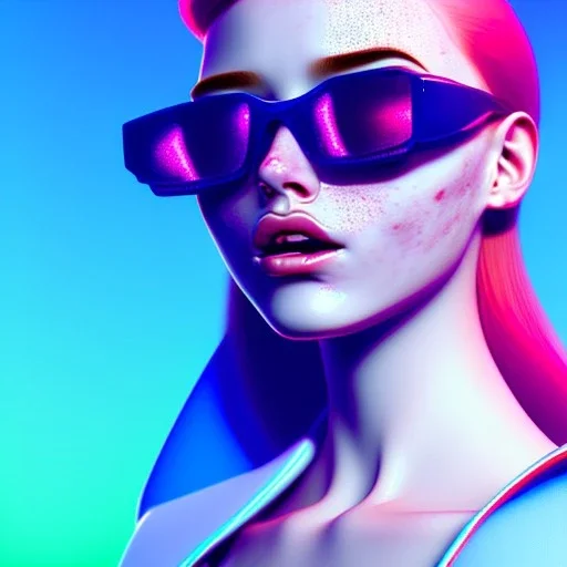 redhead woman teenager, freckles, minimal sunglasses, padded coat, retro futuristic, latex dress, gradient color, BLUE, PINK, CYAN, neon, insanely detailed, 16k resolution, perfect eyes, cinematic smooth, intricate detail