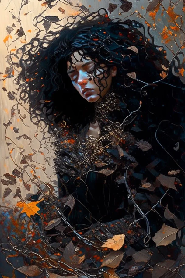 abstract creation of a beautiful girl with black curly hair, surrounded by black roses, thick metal chain broken, glass petals on the ground, autumn colours,dried out thorn bush, chaos,