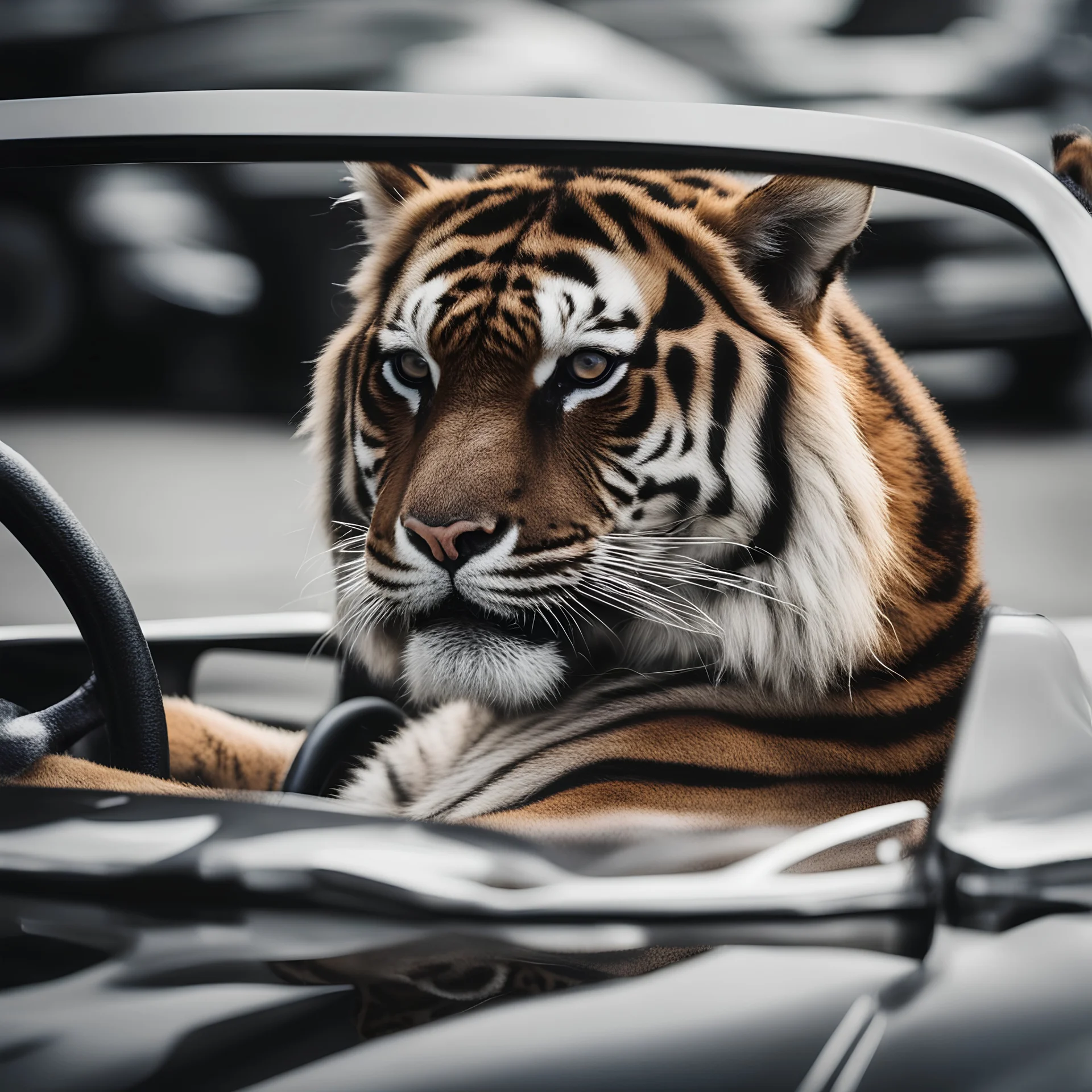 animal. a tiger driving a sport car. photographic.