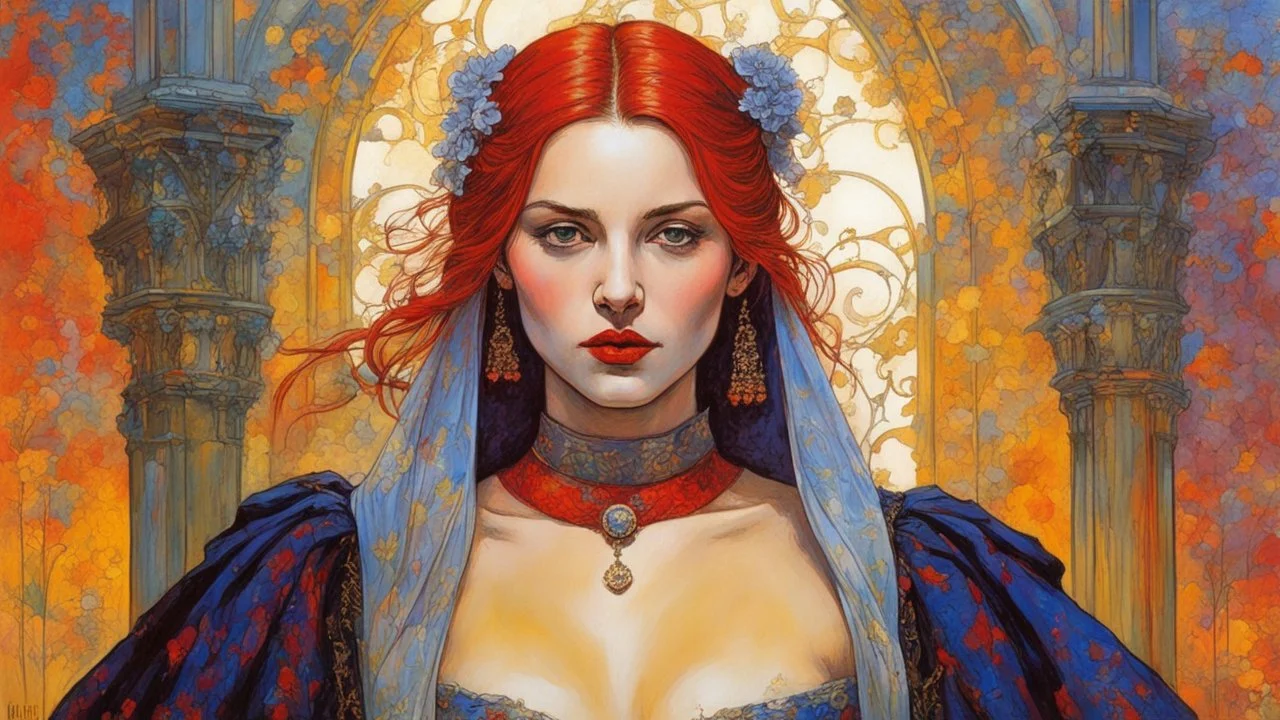 ink oil, full body portrait painting of a medieval vampire girl in the impressionist style of Childe Hassam, mixed with art nouveau, and abstract impressionism, and the comic art style of Jean-Giraud Moebius ,precise and sharply defined edges, in vibrant natural colors