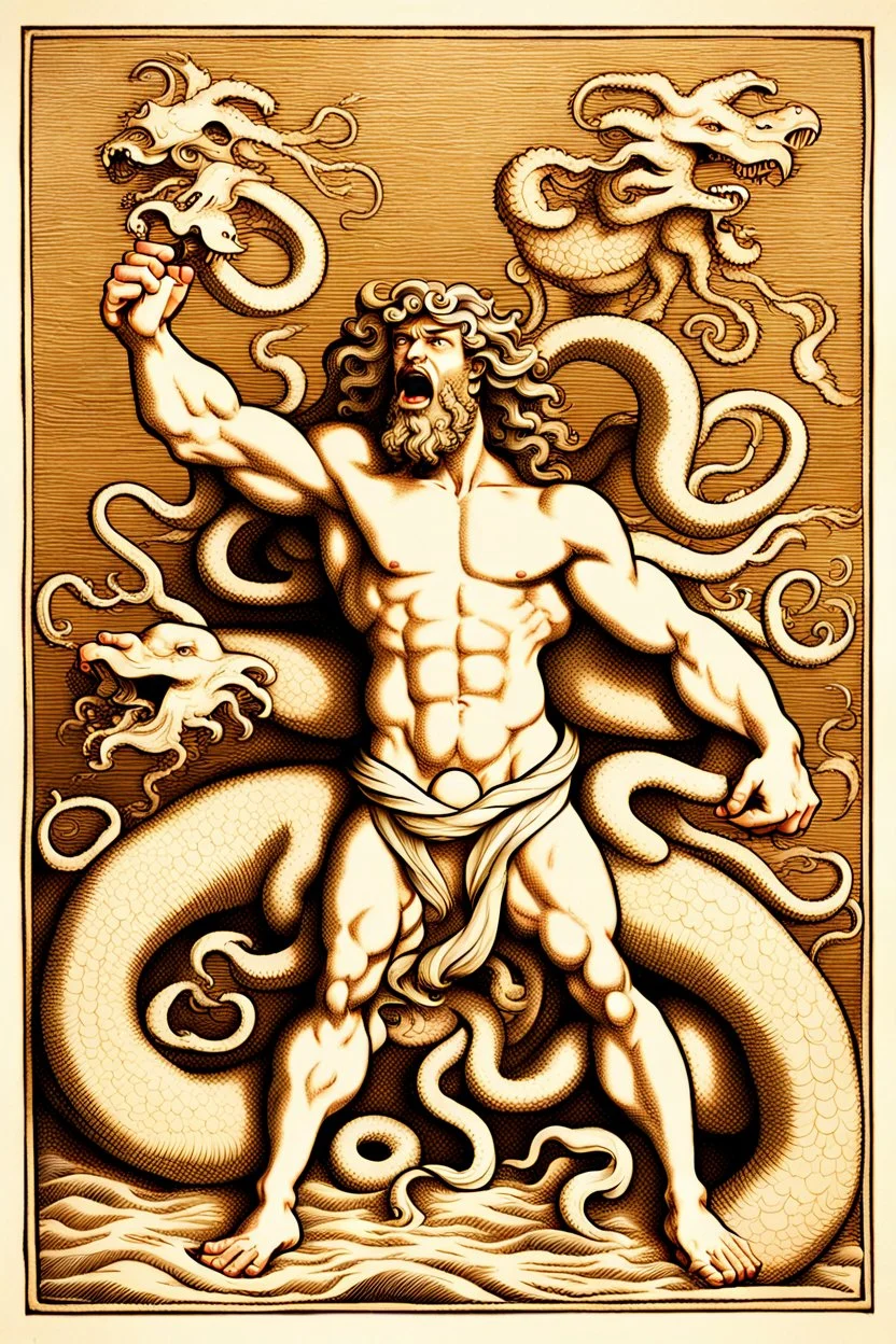 Hercules fighting the hydra in the style of alchemical art